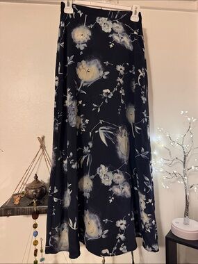 Dark Blue Floral Maxi Skirt with Cream Accents